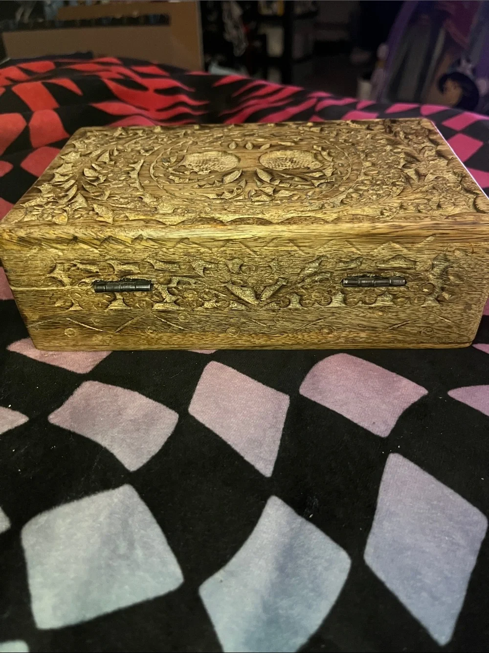 ✨RARE!Antique Wooden Jewelry Box w/ Black Velvet Lining!VERY OLD &STILL AMAZING!